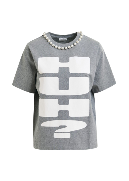 Essentiel Antwerp Grey and white cotton T-shirt with "HUH?"- print and bead embellishments - Essentiel Antwerp Shirts - Colorful Belgian Design - Shop at Luxury Shoes 