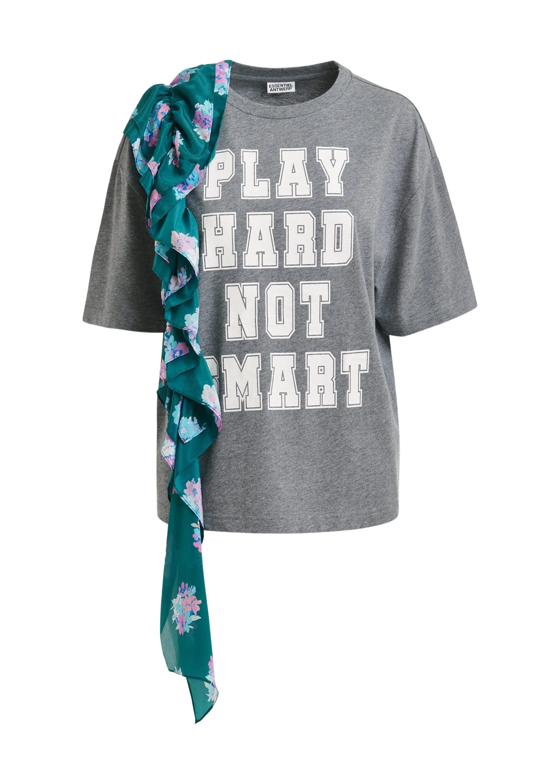 Grey-and-white-printed-cotton-T-shirt-with-turquoise-cascading-frills-Essentiel-Antwerp-Shirts-scaled15981_nobg Essentiel Antwerp Grey and white printed cotton T-shirt with turquoise cascading frills - Essentiel Antwerp Shirts - Colorful Belgian Design - Shop at Luxury Shoes