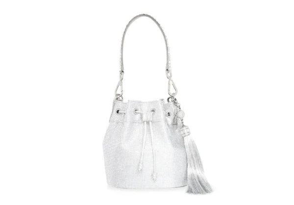 Judith Leiber Piper Bucket Silver Drawstring Bag - Judith Leiber Crystal Clutch - Luxury Evening Bag - Shop at Luxury Shoes 