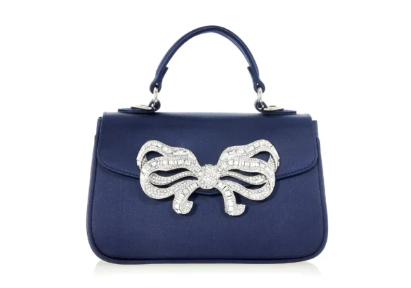 Judith Leiber Satin Bow Top Handle Navy - Judith Leiber Crystal Clutch - Luxury Evening Bag - Shop at Luxury Shoes 