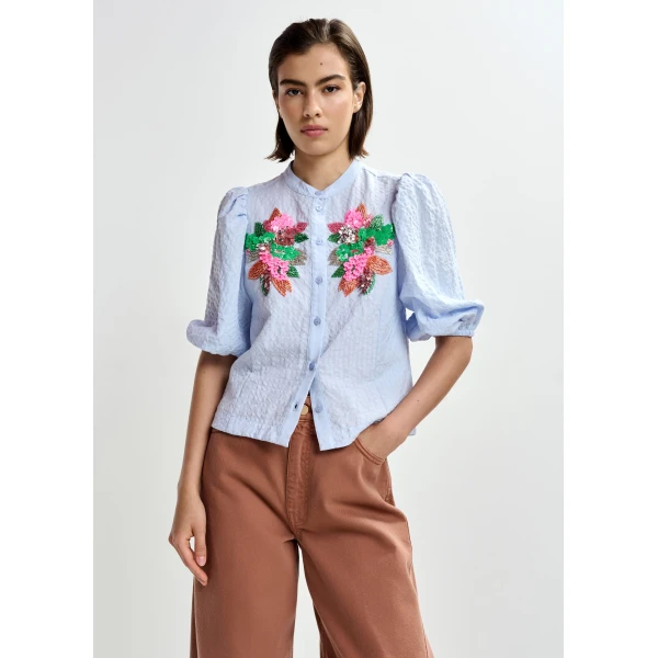 Essentiel Antwerp Light blue and multicolor floral sequin and bead-embellished shirt with voluminous sleeves - Essentiel Antwerp Shirts - Colorful Belgian Design - Shop at Luxury Shoes 