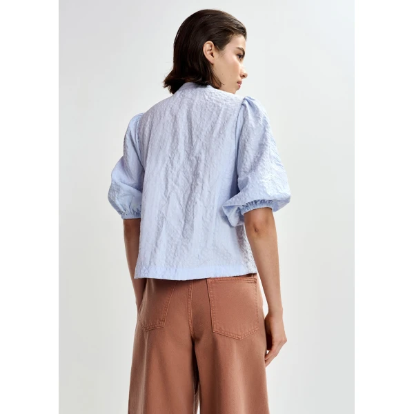 Essentiel Antwerp Light blue and multicolor floral sequin and bead-embellished shirt with voluminous sleeves - Essentiel Antwerp Shirts - Colorful Belgian Design - Shop at Luxury Shoes 