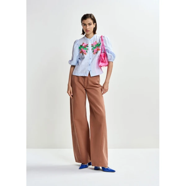 Essentiel Antwerp Light blue and multicolor floral sequin and bead-embellished shirt with voluminous sleeves - Essentiel Antwerp Shirts - Colorful Belgian Design - Shop at Luxury Shoes 
