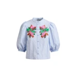 Essentiel Antwerp Light blue and multicolor floral sequin and bead-embellished shirt with voluminous sleeves - Essentiel Antwerp Shirts - Colorful Belgian Design - Shop at Luxury Shoes 