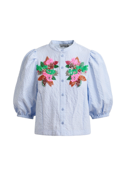 Essentiel Antwerp Light blue and multicolor floral sequin and bead-embellished shirt with voluminous sleeves - Essentiel Antwerp Shirts - Colorful Belgian Design - Shop at Luxury Shoes 