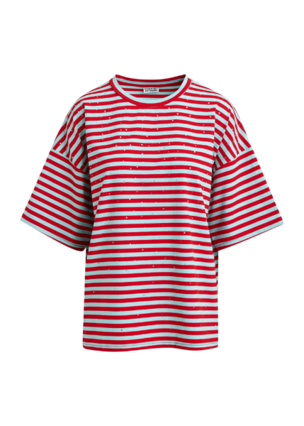 Essentiel Antwerp Light blue and red striped rhinestone-embellished oversized cotton T-shirt - Essentiel Antwerp Shirts - Colorful Belgian Design - Shop at Luxury Shoes 
