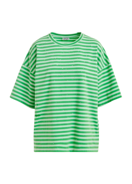 Essentiel Antwerp Light green and green striped rhinestone-embellished oversized cotton T-shirt - Essentiel Antwerp Shirts - Colorful Belgian Design - Shop at Luxury Shoes 