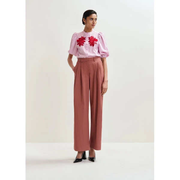 Essentiel Antwerp Light pink and red floral sequin and bead-embellished shirt with voluminous sleeves - Essentiel Antwerp Shirts - Colorful Belgian Design - Shop at Luxury Shoes 