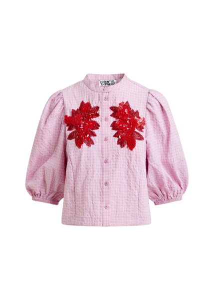 Essentiel Antwerp Light pink and red floral sequin and bead-embellished shirt with voluminous sleeves - Essentiel Antwerp Shirts - Colorful Belgian Design - Shop at Luxury Shoes 