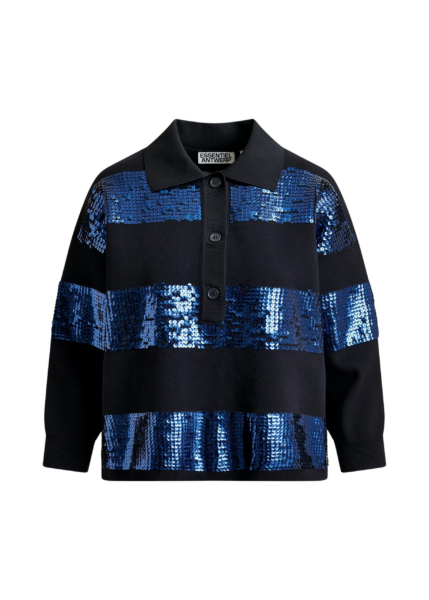 Essentiel Antwerp Navy and blue striped sequin-embellished polo - Essentiel Antwerp Tops - Colorful Belgian Design - Shop at Luxury Shoes 