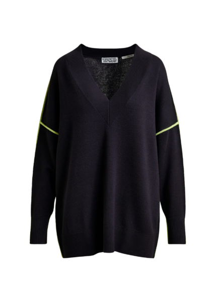 Essentiel Antwerp Navy and green oversized V-neck knit sweater with contrast stripe - Essentiel Antwerp Knitwear - Colorful Belgian Design - Shop at Luxury Shoes 