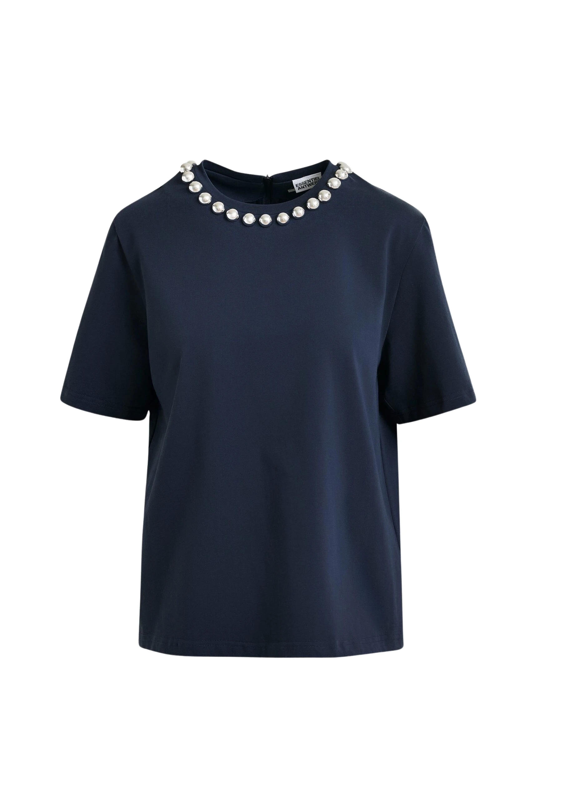 Navy-and-silver-cotton-T-shirt-with-metallic-pearl-style-embellishments-Essentiel-Antwerp-Shirts-scaled80674_nobg Essentiel Antwerp Navy and silver cotton T-shirt with metallic pearl-style embellishments - Essentiel Antwerp Shirts - Colorful Belgian Design - Shop at Luxury Shoes