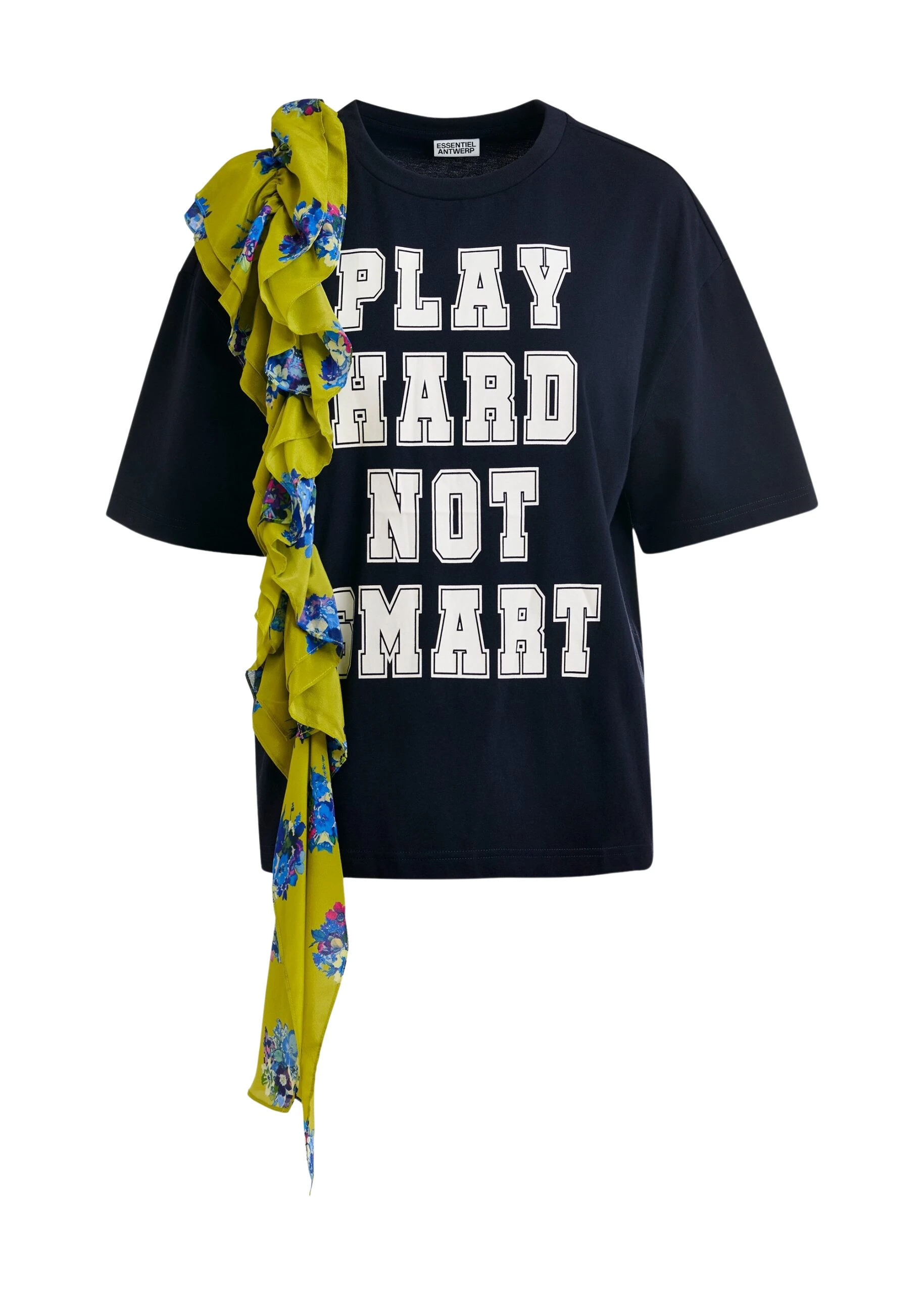 Navy-and-white-printed-cotton-T-shirt-with-green-cascading-frills-Essentiel-Antwerp-Shirts-scaled63932_nobg Essentiel Antwerp Navy and white printed cotton T-shirt with green cascading frills - Essentiel Antwerp Shirts - Colorful Belgian Design - Shop at Luxury Shoes
