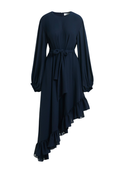 Essentiel Antwerp Navy asymmetrical ruffle-hem maxi dress with pussy-bow tie - Essentiel Antwerp Dresses - Colorful Belgian Design - Shop at Luxury Shoes 