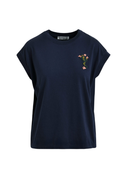 Essentiel Antwerp Navy cotton T-shirt with bead embroidery - Essentiel Antwerp Shirts - Colorful Belgian Design - Shop at Luxury Shoes 
