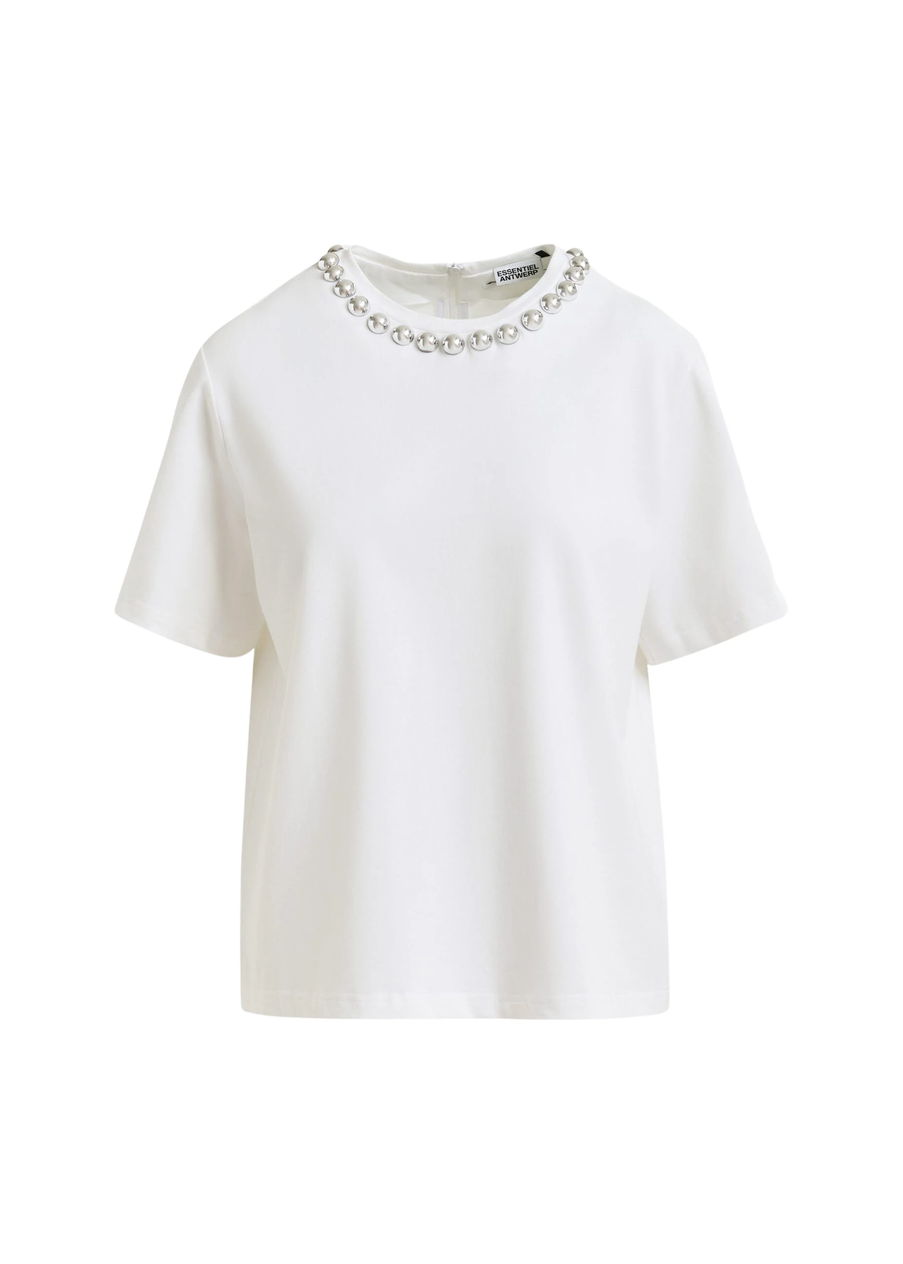 Off-white-and-silver-cotton-T-shirt-with-metallic-pearl-style-embellishments-Essentiel-Antwerp-Shirts-scaled44761_nobg Essentiel Antwerp Off-white and silver cotton T-shirt with metallic pearl-style embellishments - Essentiel Antwerp Shirts - Colorful Belgian Design - Shop at Luxury Shoes