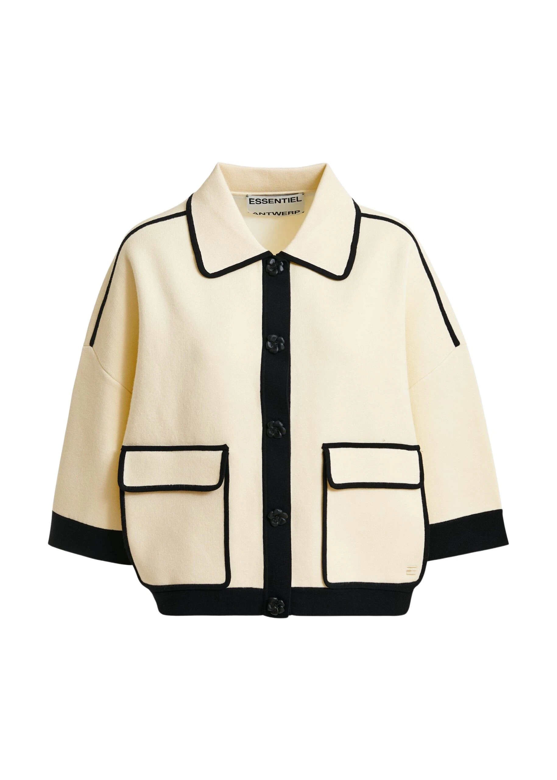 Off-white-knit-cardigan-with-flower-buttons-and-black-contrasting-trims-Essentiel-Antwerp-Knitwear-scaled23022_nobg Essentiel Antwerp Off-white knit cardigan with flower buttons and black contrasting trims - Essentiel Antwerp Knitwear - Colorful Belgian Design - Shop at Luxury Shoes