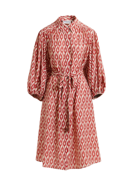 Essentiel Antwerp Orange and beige printed oversized shirt dress with voluminous sleeves - Essentiel Antwerp Dresses - Colorful Belgian Design - Shop at Luxury Shoes 