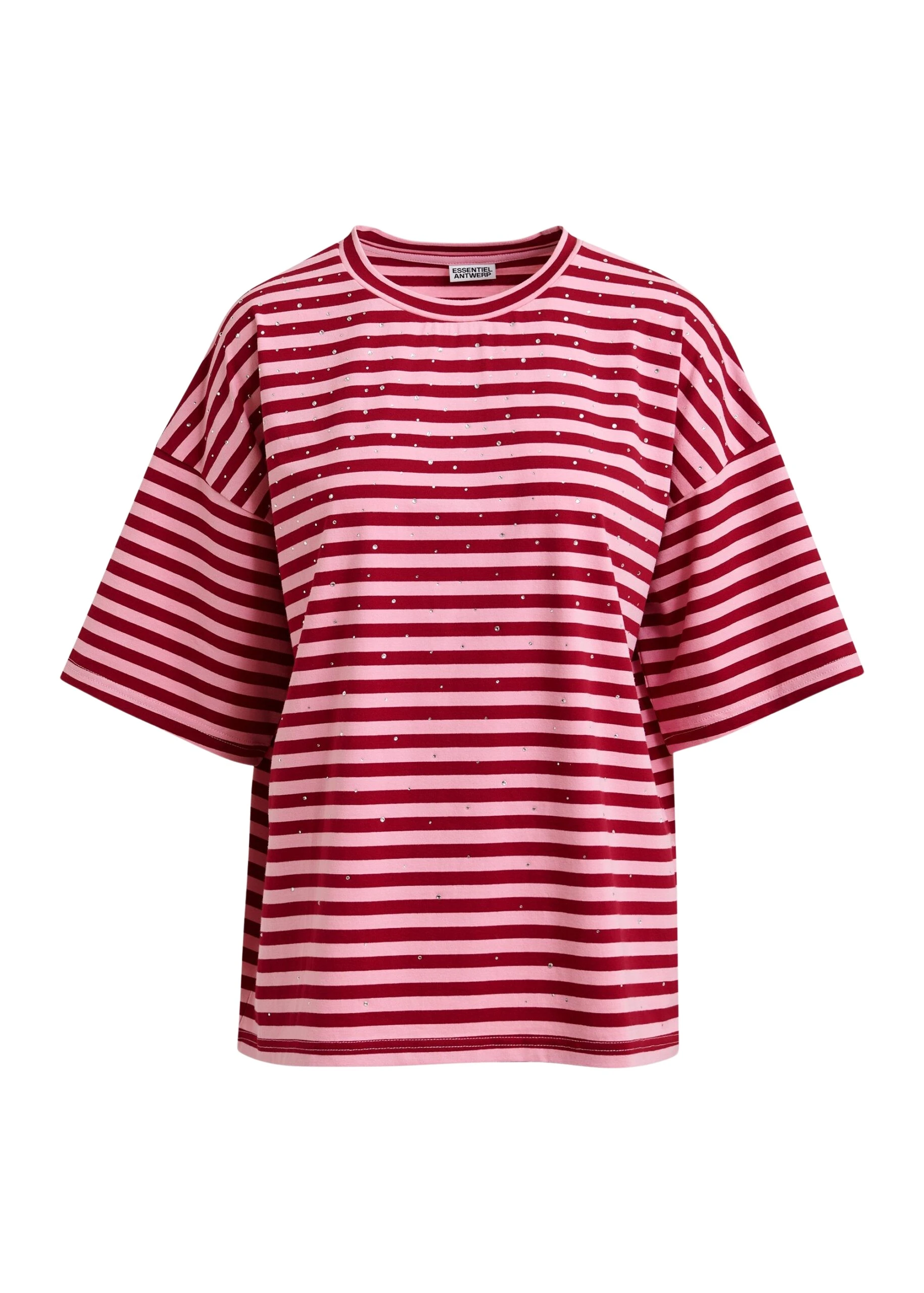 Pink-and-burgundy-striped-rhinestone-embellished-oversized-cotton-T-shirt-Essentiel-Antwerp-Shirts-scaled94720_nobg Essentiel Antwerp Pink and burgundy striped rhinestone-embellished oversized cotton T-shirt - Essentiel Antwerp Shirts - Colorful Belgian Design - Shop at Luxury Shoes