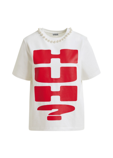Essentiel Antwerp Red and white cotton T-shirt with "HUH?"- print and bead embellishments - Essentiel Antwerp Shirts - Colorful Belgian Design - Shop at Luxury Shoes 