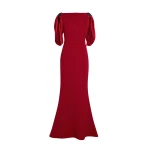 Safiyaa Mariah Long Dress in Cherry Red on Azalea with Multi-blues - Safiyaa Dresses - Heavy Crepe Cape Gown - Shop at Luxury Shoes 