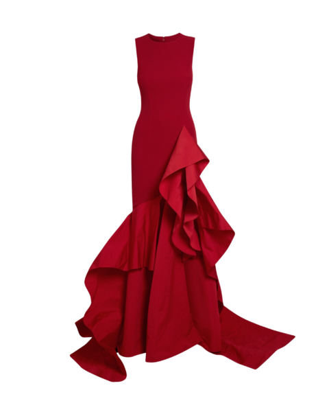 Safiyaa Viviana Long Dress in Lacquer Red on Azalea Red - Safiyaa Dresses - Heavy Crepe Cape Gown - Shop at Luxury Shoes 