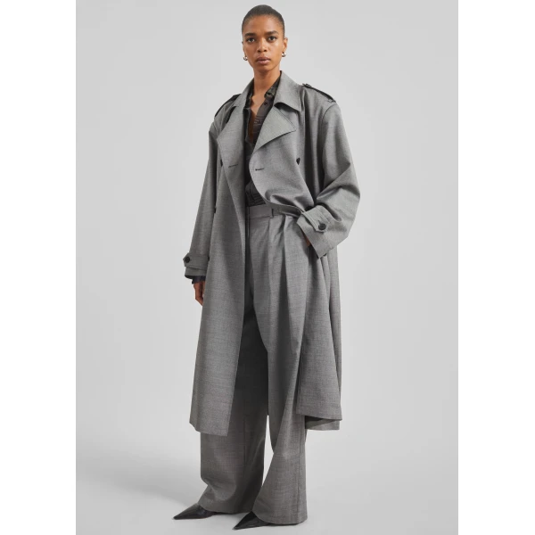 The Frankie Shop Bleecker Trench Coat - Grey Melange - Oversized Minimalist Coats in Grey - Shop at Luxury Shoes 