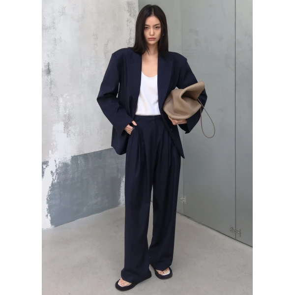 The Frankie Shop Canmore Pleated Trousers - Navy - Oversized Minimalist Pants in Blue - Shop at Luxury Shoes 