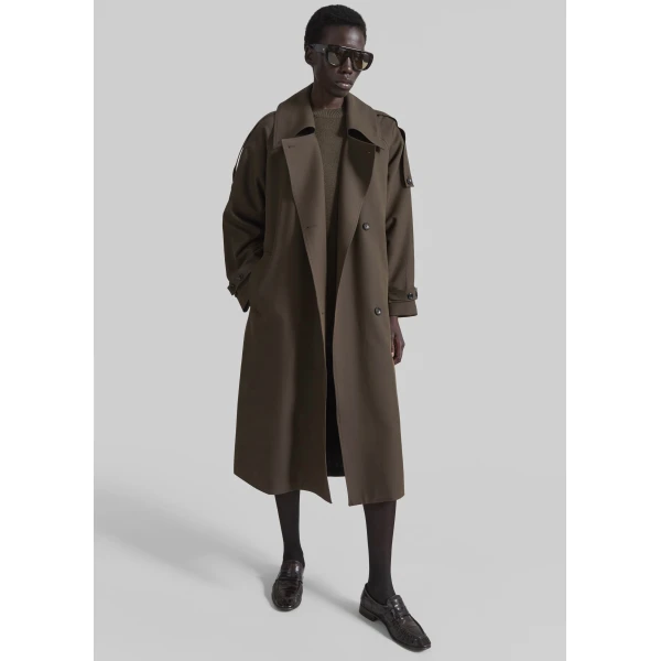 The Frankie Shop Dartford Trench Coat - Olive Brown - Oversized Minimalist Coats in Green - Shop at Luxury Shoes 