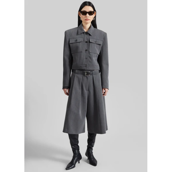 The Frankie Shop Kalvo Belted Bermuda Shorts - Dark Grey - Oversized Minimalist Shorts in Grey - Shop at Luxury Shoes 