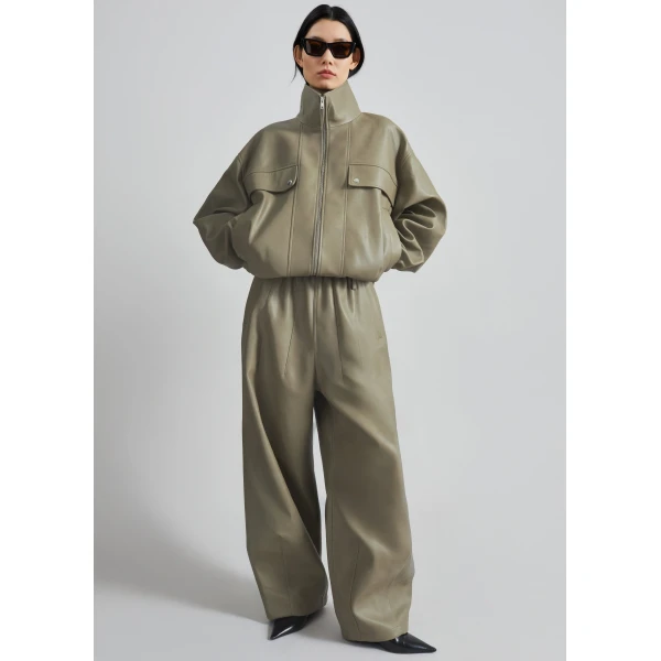 The Frankie Shop Nolita Faux Leather Bomber Jacket - Sage - Oversized Minimalist Jackets in Green - Shop at Luxury Shoes 