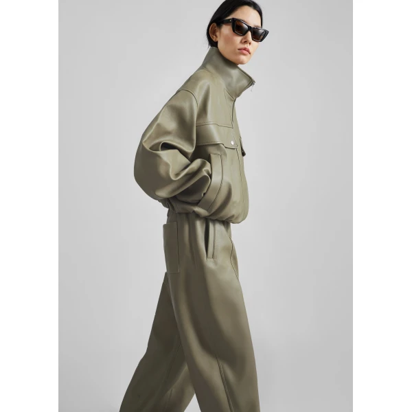 The Frankie Shop Oakdale Faux Leather Track Pants - Sage - Oversized Minimalist Pants in Green - Shop at Luxury Shoes 