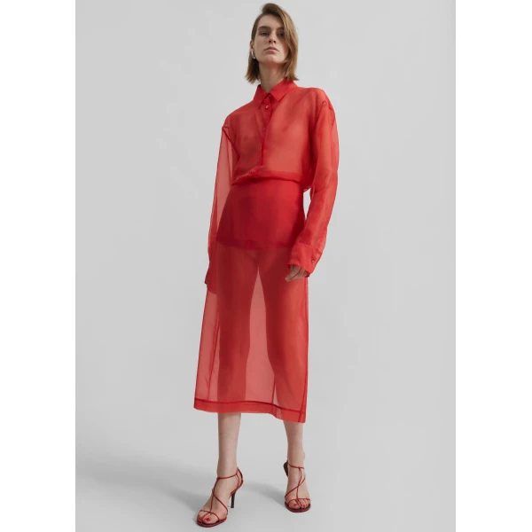 The Frankie Shop Peri Sheer Midi Skirt - Red - Oversized Minimalist Skirts in Red - Shop at Luxury Shoes 
