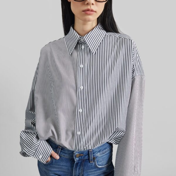 The Frankie Shop Quillan Button-Down Shirt - White/Black Stripe - Oversized Minimalist Tops in Black - Shop at Luxury Shoes 