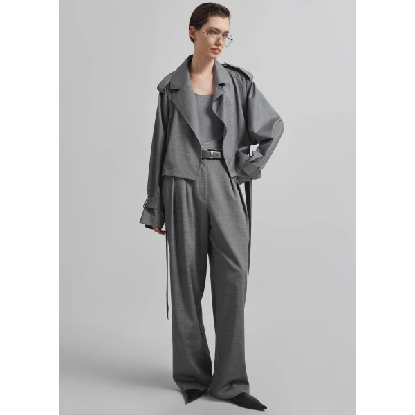 The Frankie Shop Simona Short Trench - Grey Melange - Oversized Minimalist Coats in Grey - Shop at Luxury Shoes 