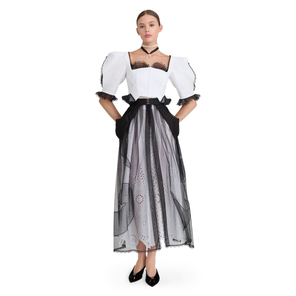 Ulyana Sergeenko Cotton midi skirt with floral embroidery and lace trim - Ulyana Sergeenko Corset Dress - Russian Couture - Shop at Luxury Shoes 