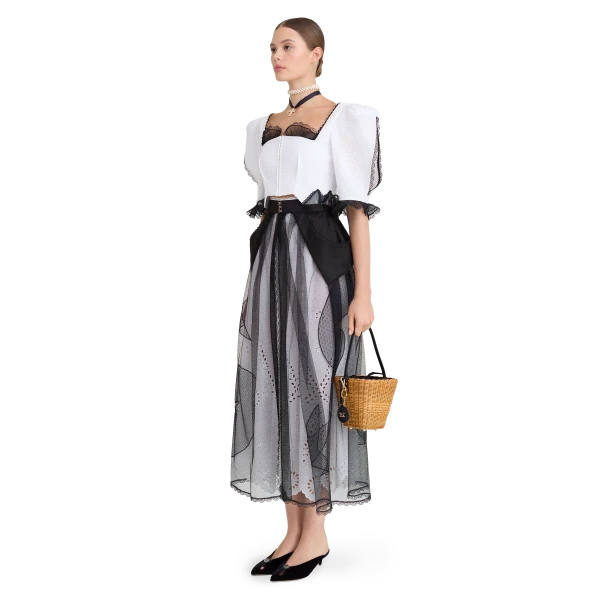 Ulyana Sergeenko Cotton midi skirt with floral embroidery and lace trim - Ulyana Sergeenko Corset Dress - Russian Couture - Shop at Luxury Shoes 