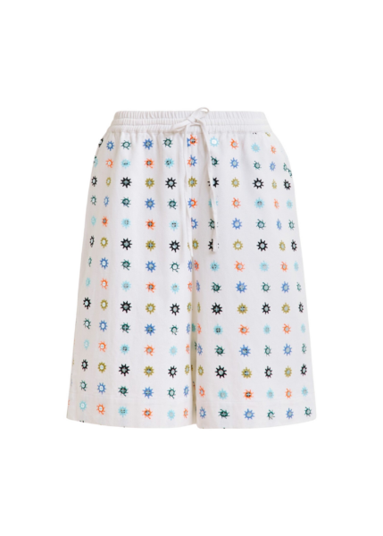 Essentiel Antwerp White and multicolor embroidered cotton shorts with mirror accents - Essentiel Antwerp Shorts - Colorful Belgian Design - Shop at Luxury Shoes 