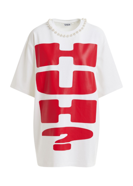Essentiel Antwerp White and red oversized cotton T-shirt with "HUH?"- print and bead embellishments - Essentiel Antwerp Shirts - Colorful Belgian Design - Shop at Luxury Shoes 