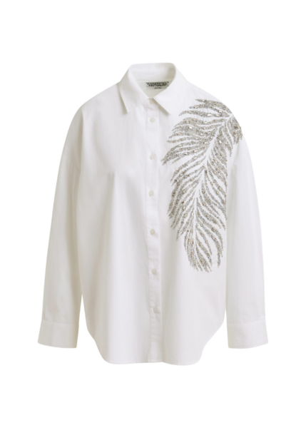 Essentiel Antwerp White and silver oversized cotton shirt with sequin and bead embellishment - Essentiel Antwerp Shirts - Colorful Belgian Design - Shop at Luxury Shoes 