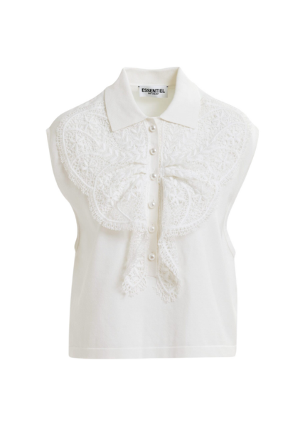 Essentiel Antwerp White sleeveless polo with lace details and pearl buttons - Essentiel Antwerp Tops - Colorful Belgian Design - Shop at Luxury Shoes 