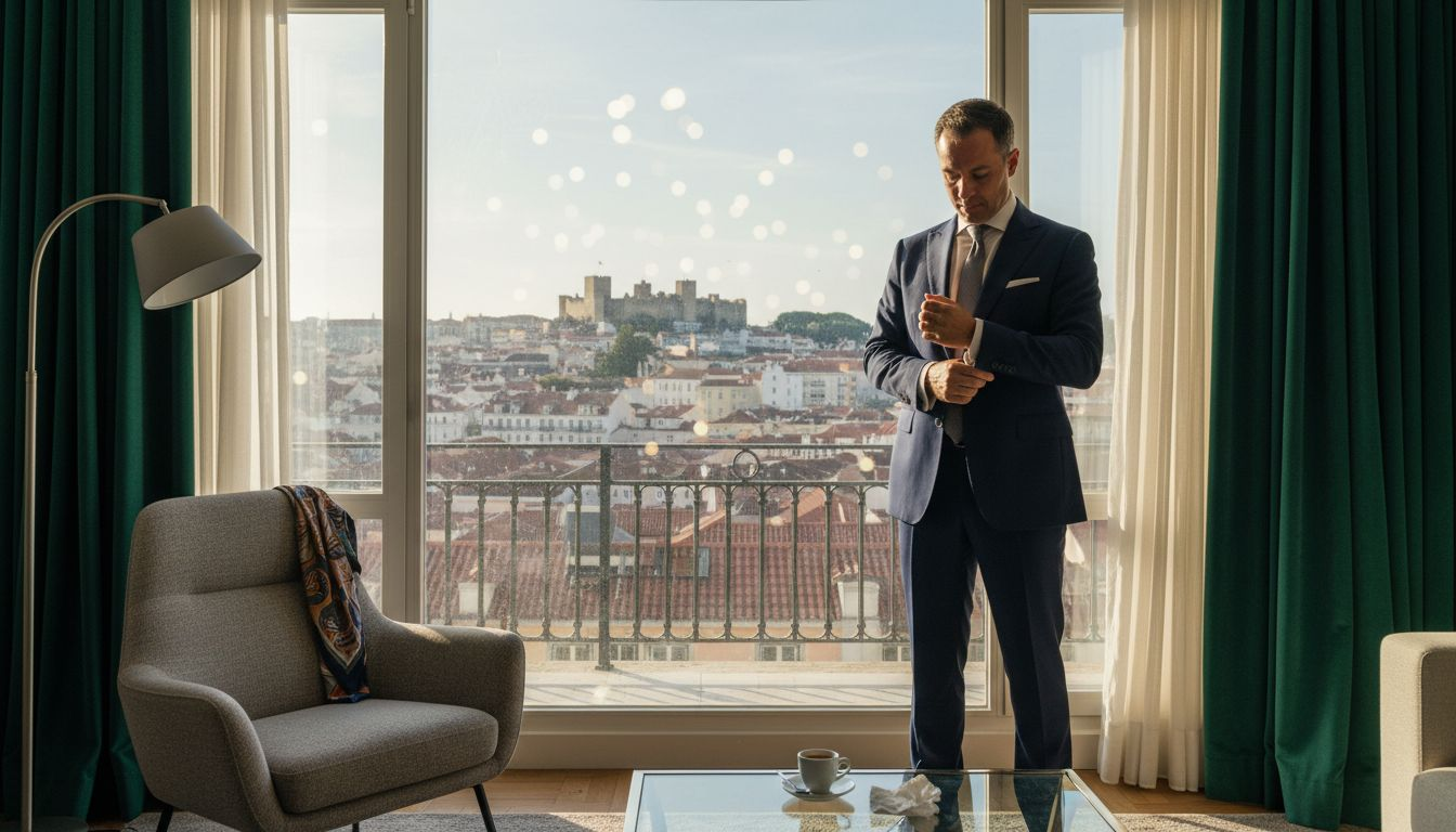 Replica Luxury Handbagm elegante, vestido com um fato à medida, no seu apartamento em Lisboa.