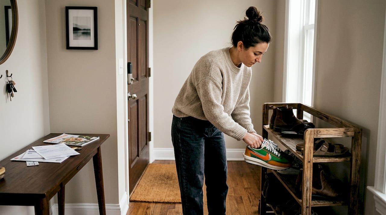 Woman setting designer shoes on home rack