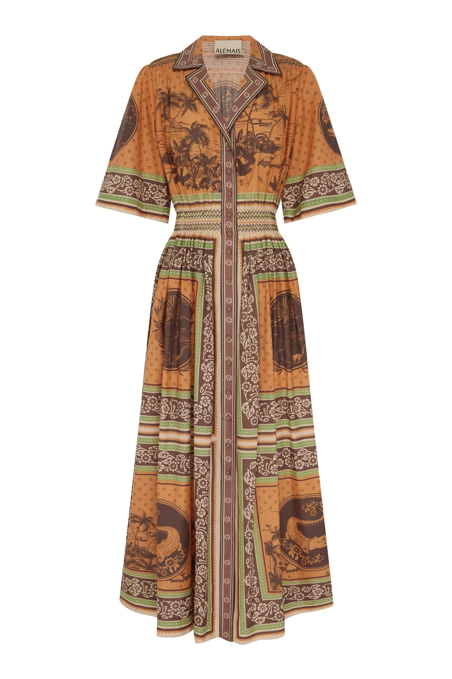 Alberta Smocked Shirtdress by Alemais - Dresses Alemais Alberta Smocked Shirtdress Sustainable Dresses with Alemais print - Luxury Handbags Australian Designer
