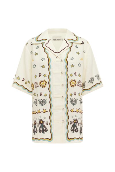 Alemais Sun Dancer Relaxed Shirt  Sustainable Tops with Alemais print -  Luxury Handbags Australian Designer