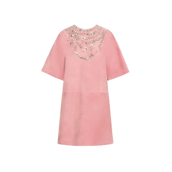 Oscar de la Renta Crystal Necklace Embroidered Suede Dress - Dresses - American Luxury Evening Wear at Luxury Shoes 