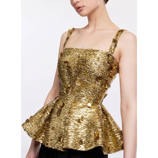 Elie Saab Bead Embroidered Peplum Top in Gold featuring 35% Polyamide