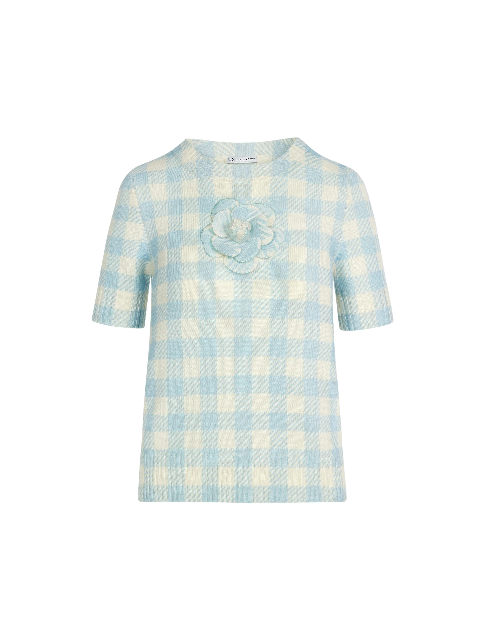 Gingham-Pullover-with-Floral-Applique-Oscar-de-la-Renta-Knitwear34254_nobg Oscar de la Renta Gingham Pullover with Floral Appliqué - Knitwear - American Luxury Evening Wear at Luxury Shoes
