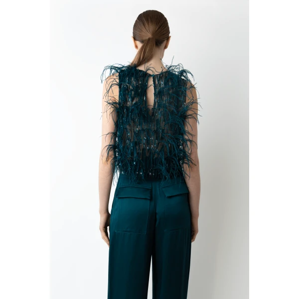 LAPOINTE Cascading Feather Embellished Cropped Tank - Blue Tops - New York Luxury Fashion at Luxury Shoes 