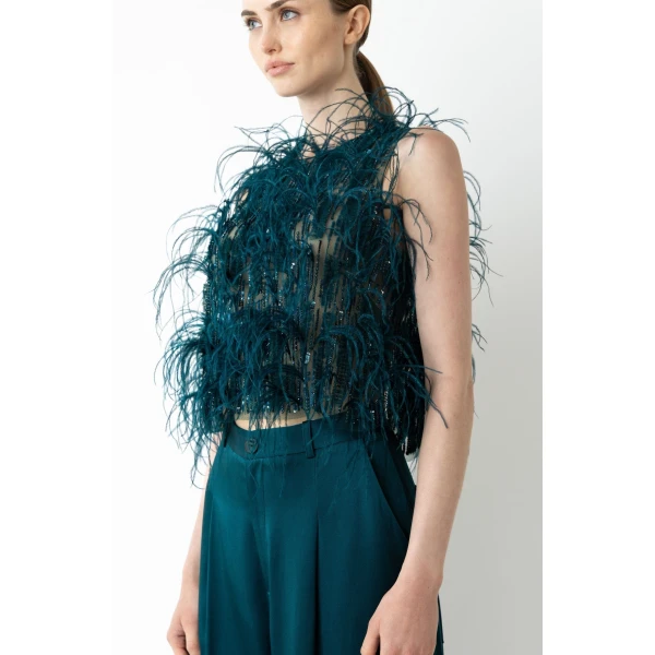 LAPOINTE Cascading Feather Embellished Cropped Tank - Blue Tops - New York Luxury Fashion at Luxury Shoes 